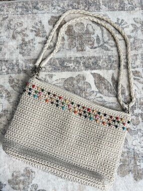 The Sak Crochet Beaded Shoulder Bag Cream Handmade Purse Multicolor Beads Boho